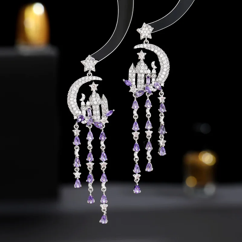 S925 Silver Needle Exaggerated Elegant Heavy Craft Creative Design Star Moon Castle Water Drop Long Tassel Earrings