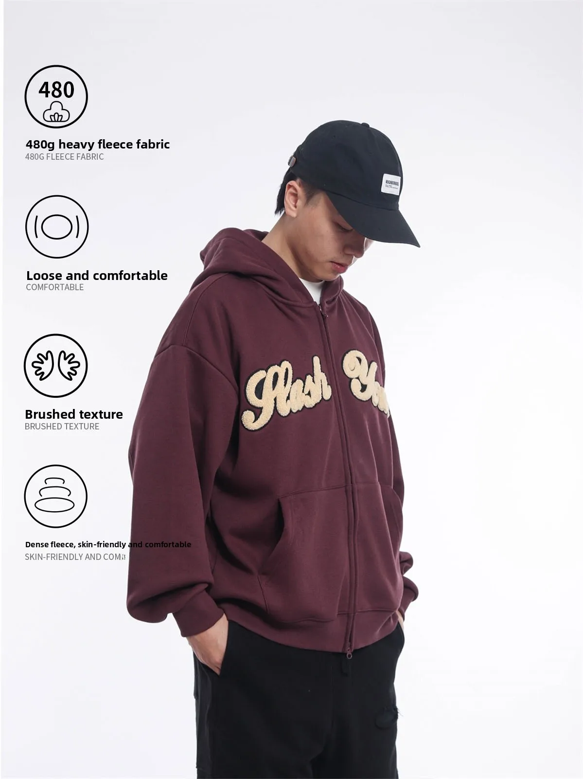Thickened Heavyweight American Retro Hand-drawn Hooded Open Cardigan Sweatshirt Cityboy Men's Clothing Embroidered Long Sleeve