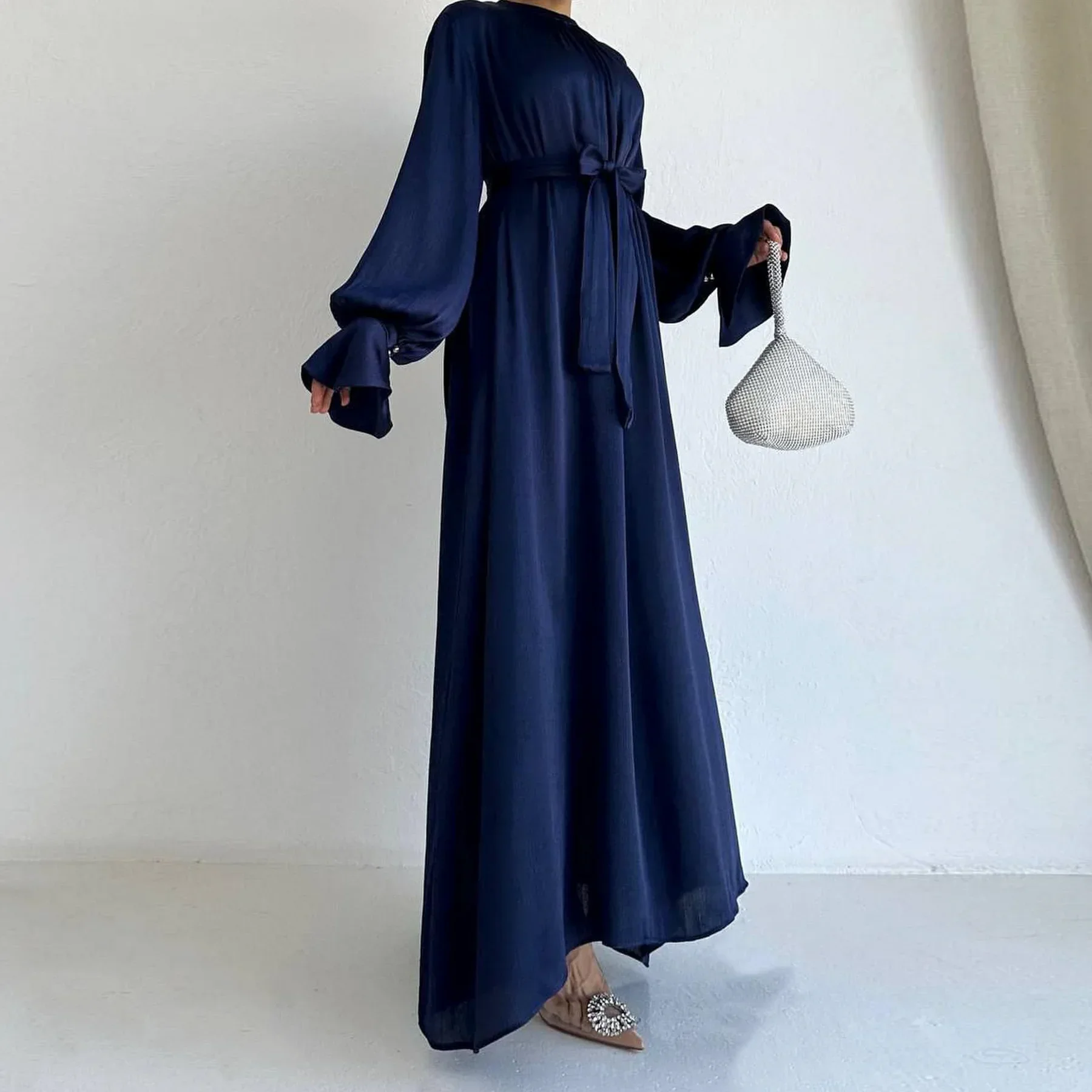 Muslimische Mode Frauen Islamischen Satin Kleid Abaya Dubai Luxus Eid Mubarak Rüschen Ärmel Arabisch Türkische Kleider Kaftan Hijab Robe