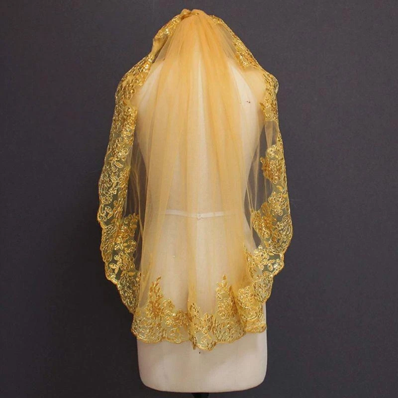 L21E Women Soft Mesh Metallic Gold Sequins Embroidered Lace Vintage Mantilla Wedding