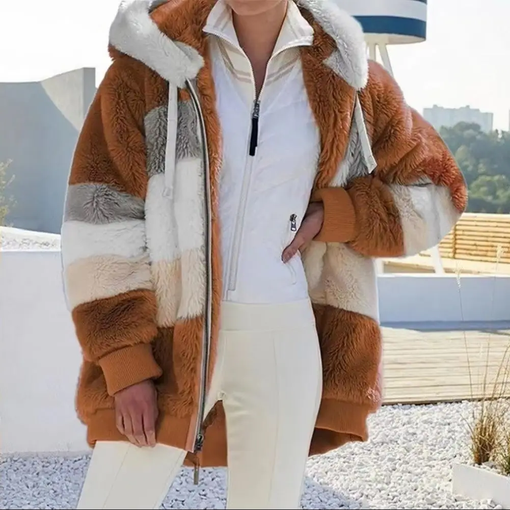 2025 Dámský zimní kabát Barevný blok Dlouhý rukáv Zip Cardigan Volný Chlupatý Teplý Plyšový Plus Size Dámská bunda Zimní oblečení - náhled 2