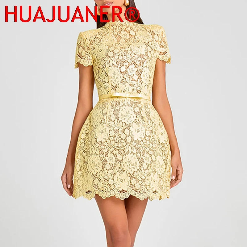 Fashion Perspective Lace Women's Party Dress New Elegant O Neck Short Sleeved High Waist Dress Yellow Bow Tie Up Banquet Dresses - Image 3