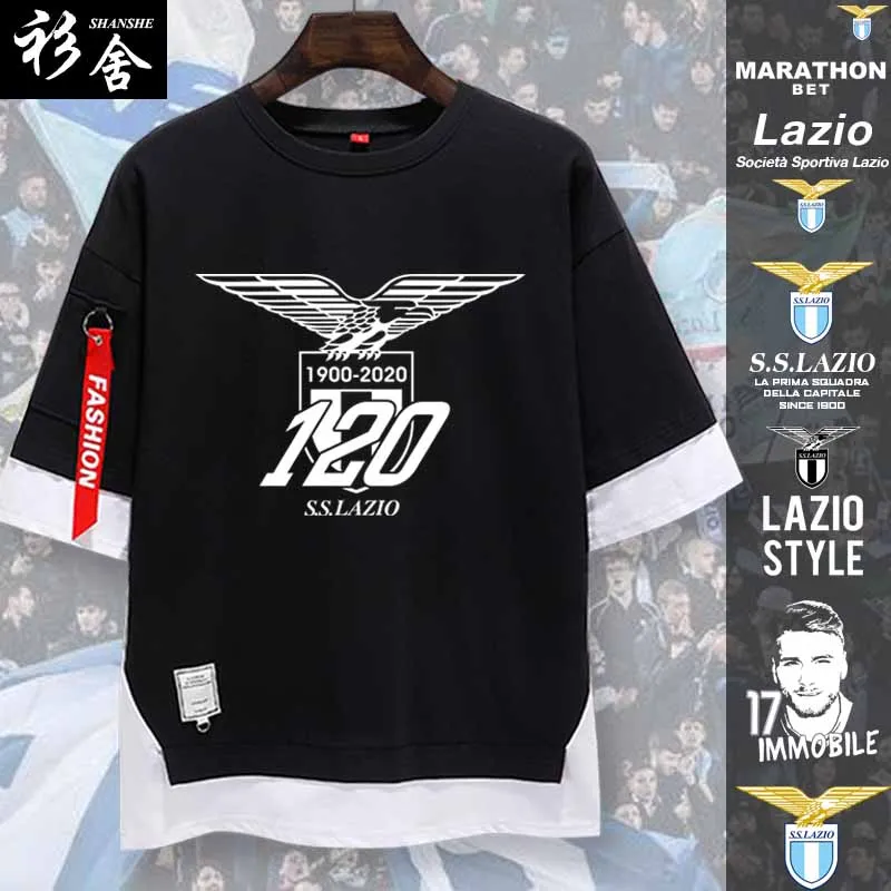 

Футболка для фанатов Lazio, мужская, с коротким рукавом, из хлопка, с геометрическим принтом, круглый вырез, свободный крой