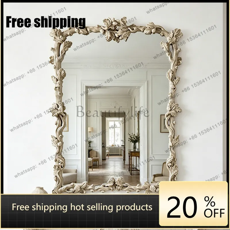 LD French classical makeup mirror retro carved wall hanging living room entrance fireplace wall decorative mirror