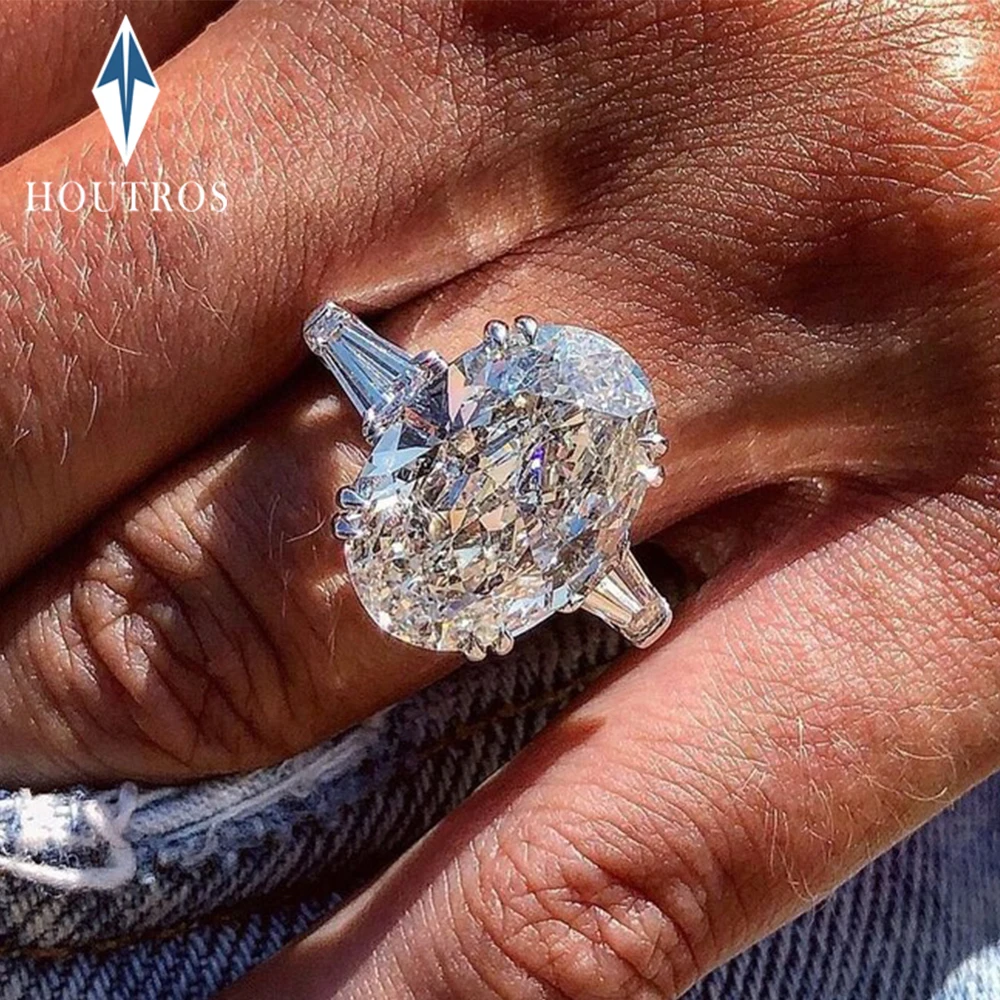 

10CT Oval Baguettes Three Stone Moissanite Engagement Rings For Women Trilogy Wedding Ring Side Stone Ring S925 Silver Jewelry