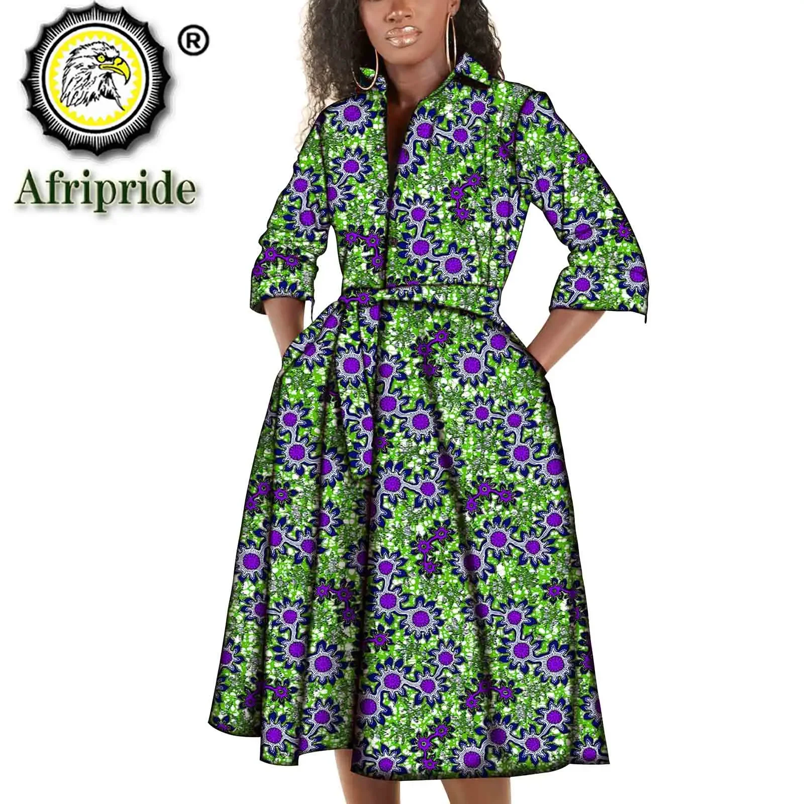 Robe mi-longue à imprimé africain pour femmes, avec ceinture, grande taille, vêtements africains, poches, en coton, Bazin Riche, S2025068