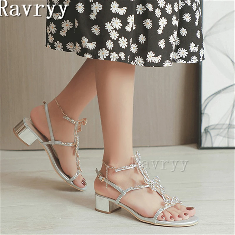 

Bling Crystal Butterfly Knots Sandals Women's Summer Mid Heel Thick Heel 2023 New Fashion Fairy Style Bride Shoes