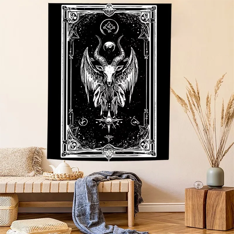 VIKAMA Tarot Style Baphomet Tapestry Mystic Goat Skull Wall Decor Vintage Witchcraft Aesthetic for Home Altar Yoga Studio Art