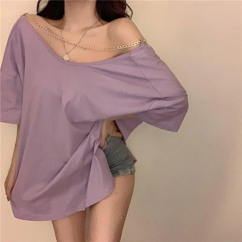 T-shirts Women Sexy Hotsweet Lazy Style Chain Design Summer Female V-neck Unique Streetwear Fashion Ulzzang Loose Solid Casual