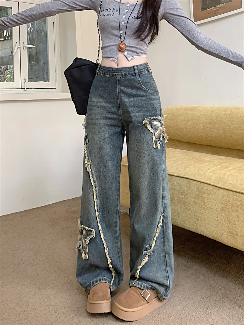 Women's Blue Cargo Baggy Jeans Embroidery Butterfly Y2K Harajuku Streetwear Aesthetics 2000s Vintage Jeans Pants Clothing 2025