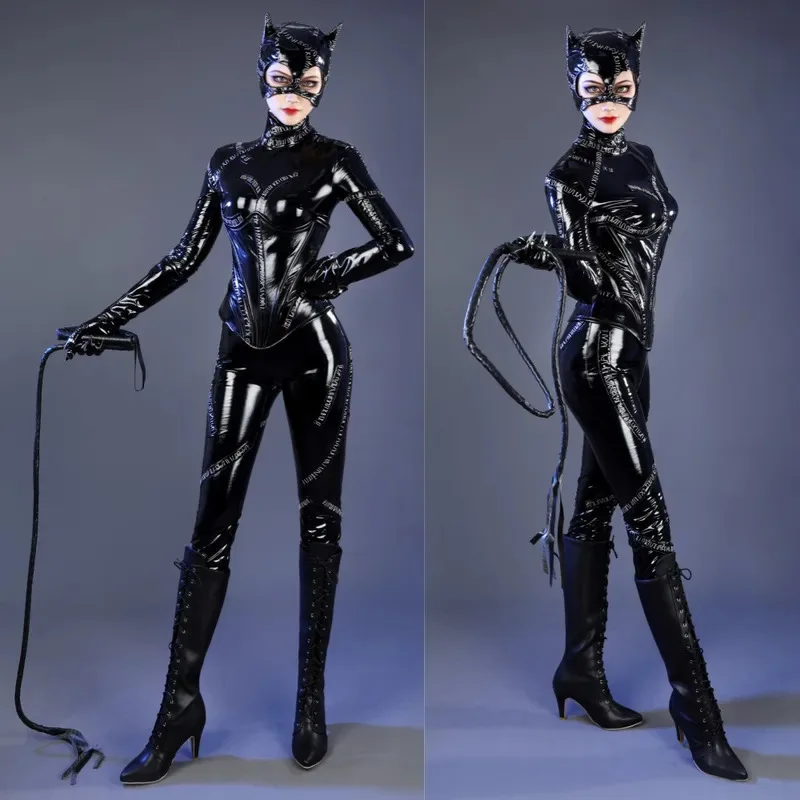 

Черный сексуальный женский костюм для косплея с котом, кожаный комбинезон, головной убор, наряд для Хэллоуина, Comic Con, боди, индивидуальный размер yj4k