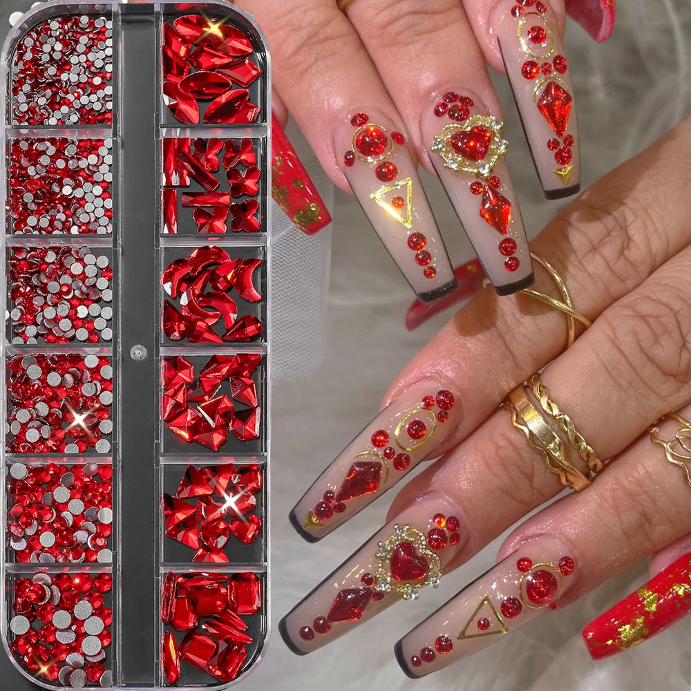 

1Box Red Mixed Nail Art Rhinestone Christmas Nail Charms Shiny Heart/Butterfly/Drop/Round Glass Nail Diamond FlatBack Nail Decor