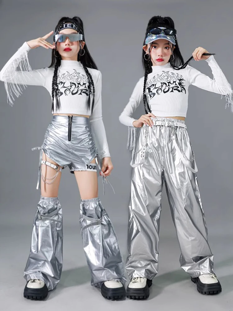 Mädchen Silber Jazz Dance Kostüm Quaste Crop Tops Hosen Rock Hip Hop Performance Kleidung Festival Bühne Set Straße Tragen BL14478