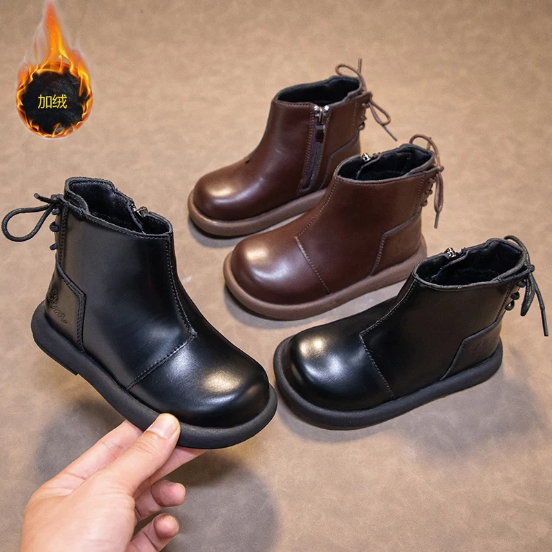 

Новинка 2025 года, детские короткие ботинки, простые стильные теплые ботильоны для мальчиков и девочек, повседневные детские модные кожаные ботинки с боковой молнией на шнуровке