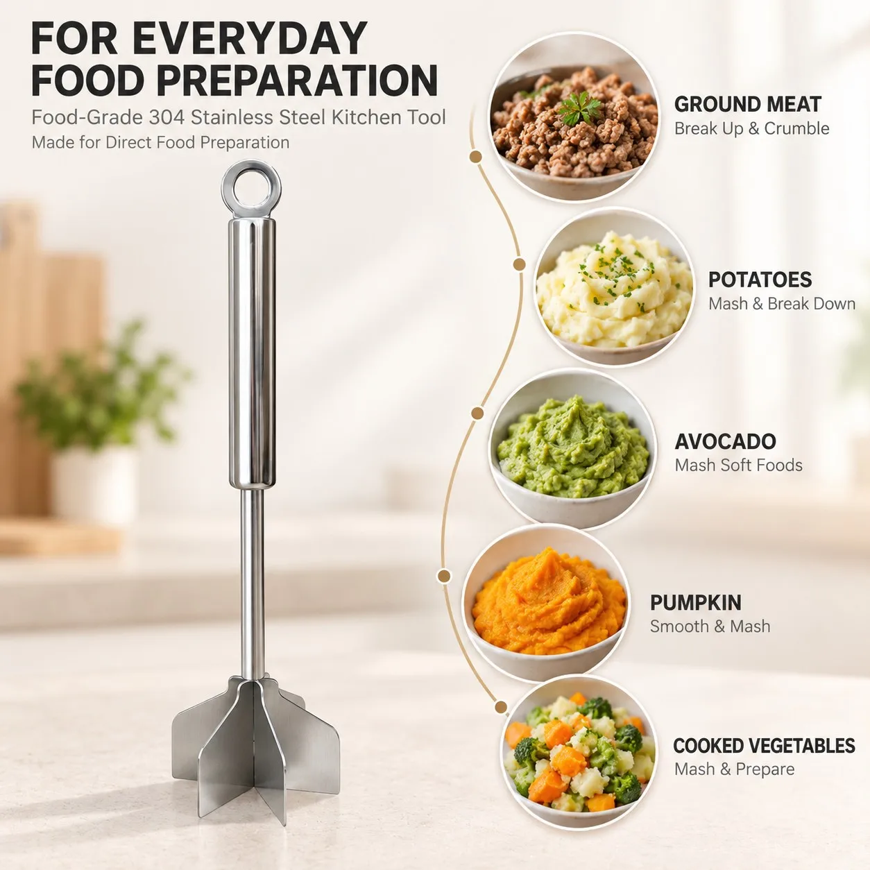 304 Stainless Steel Meat Chopper with Cross Plate Head Handheld Ground Meat Crumbler Potato & Vegetable Masher Kitchen Tool