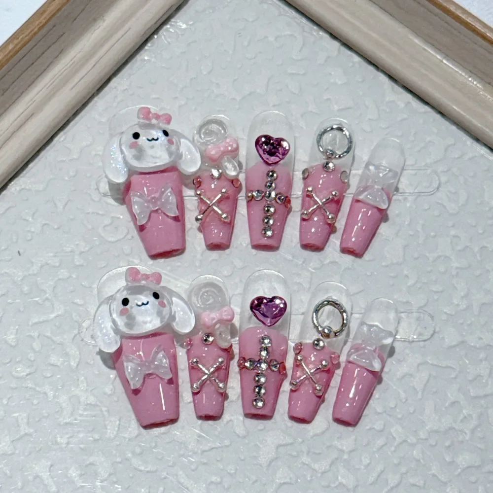 Sanrios Kitty Melody Kuromi Y2K Handmade Press on Nails Fake Nail Heart Diamond Design Full Cover Nail Tips Wearable False Nail