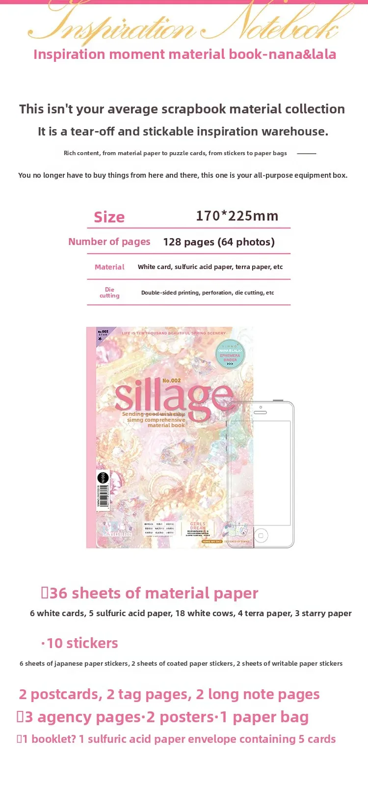 Journal GO 64-teiliges Inspirations-Scrapbook-Dekorationsmaterial-Set mit Materialpapier, Aufklebern, Briefkarten, DIY-Collage-Journal – Detail 2