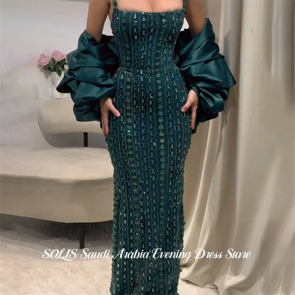 

SOLIS Emerald Green Prom Dresses Spaghetti Strap Celebrity Dress Detachable Sleeves Evening Dresses Mermaid Modest Customized