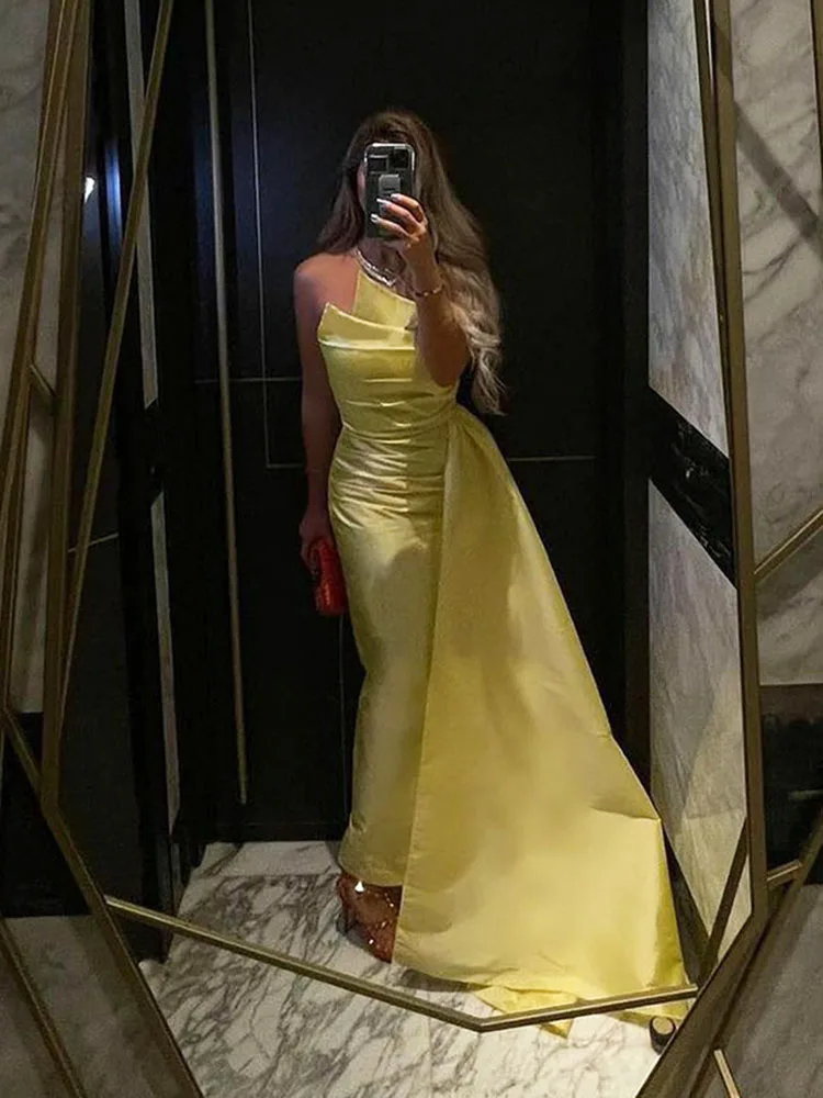 

Msikoods Dubai Arabic Mermaid Evening Dresses Sleeveless Yellow Pleat Ruched Saudi Arabic Women Formal Party Prom Gowns 2023