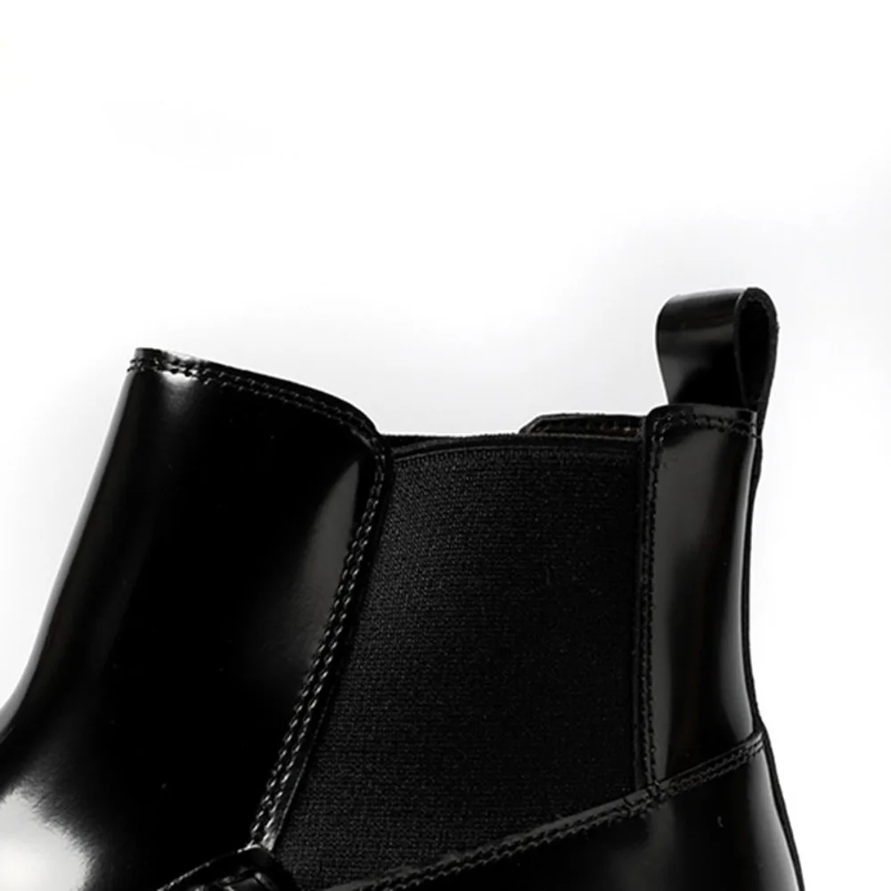 Mens Premium Top Layer Cowhide Leather Boots British Style Casual Thick Sole Patent Leather Short Ankle Boots