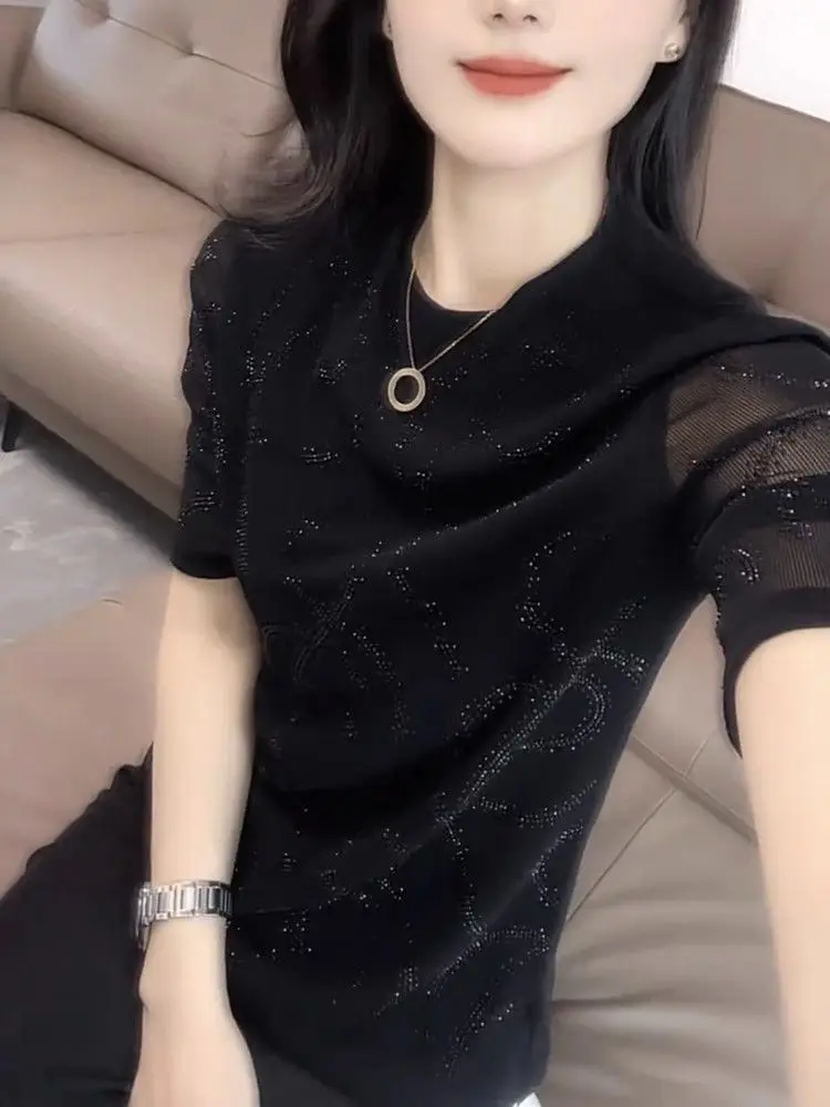 Hollow Mesh Ironing Base Shirt New Short-sleeved T-shirt for Women 2025 Summer Perspective Round Neck Top