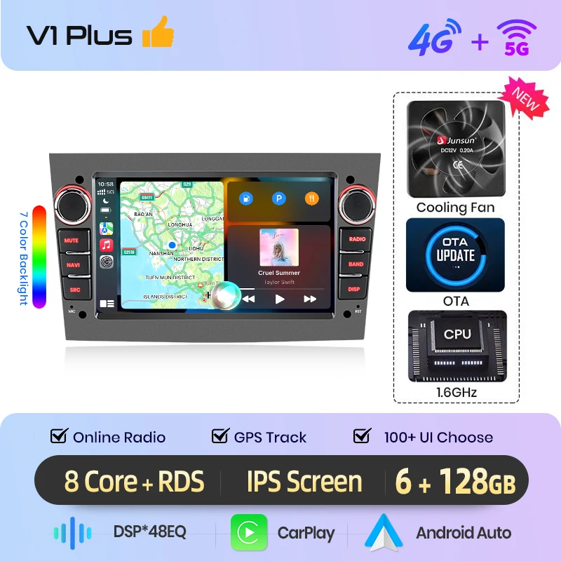 Junsun 7" Android Autoradio Wireless CarPlay Android Auto Stereo für Opel Vauxhall Astra H G J Zafira B Corsa C Antara Vectra Vivaro Meriva Combo Signum Tigra TwinTop WiFi GPS Navi SWC 4G-LTE