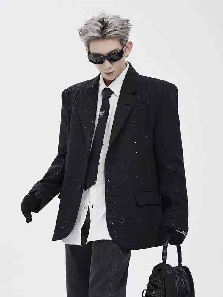 

Ele Bla Sequin Men's Suit Jaet Street Sle Hairdrer Trendy Brand Casual Long Sve Polyester Fiber Autumn Wear