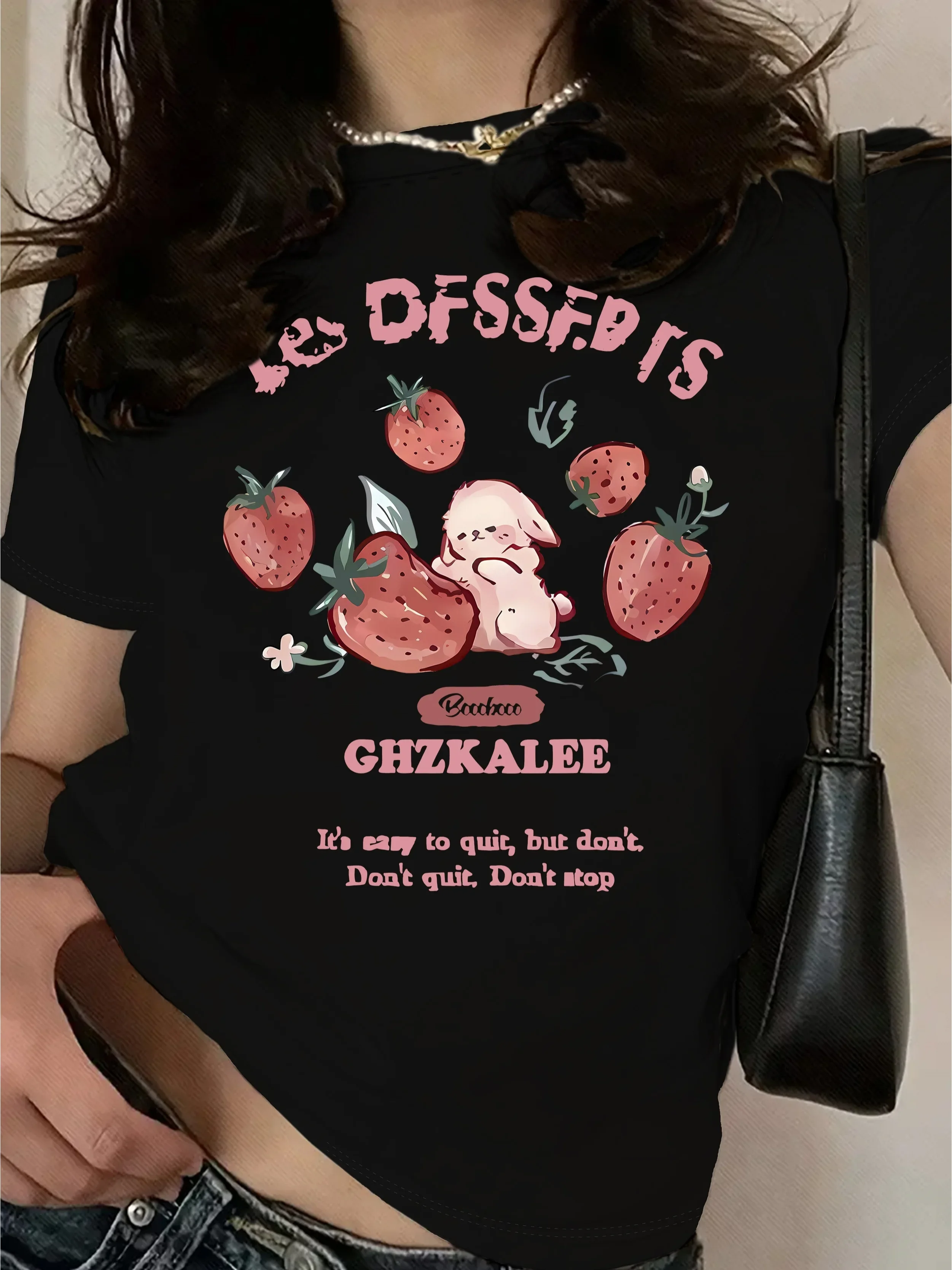 Women's T-Shirt - Cute Strawberry & Rabbit Graphic, Soft Casual Round Neck Tee with Inspirational Quote