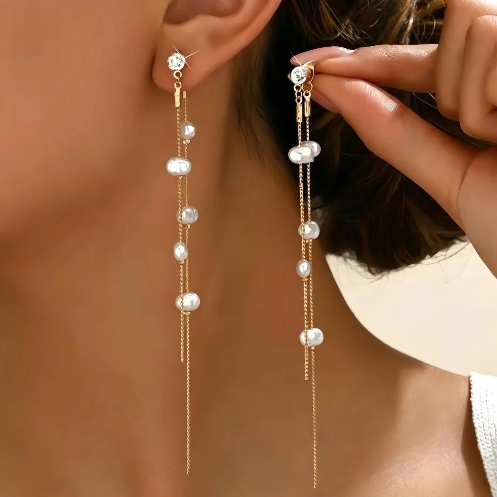 Korean Trendy Long Pearl Tassel Earrings Multi Chain Starfish Curve Hook Threader Drop Earrings for Women Slim Face Jewelry Gift