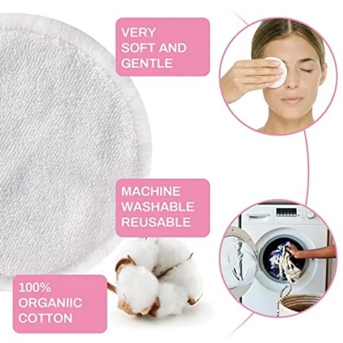 10 pcs reusable face and makeup removal pads with drawstring cotton bags, soft natural reusable cotton circular washable fabric