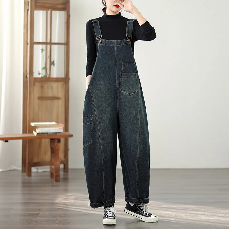 Retro Workwear Denim Jumpsuit Women's Spring Autumn Large Size Fashion Casual Overalls Pants Versatile Loose Wide Leg Pants