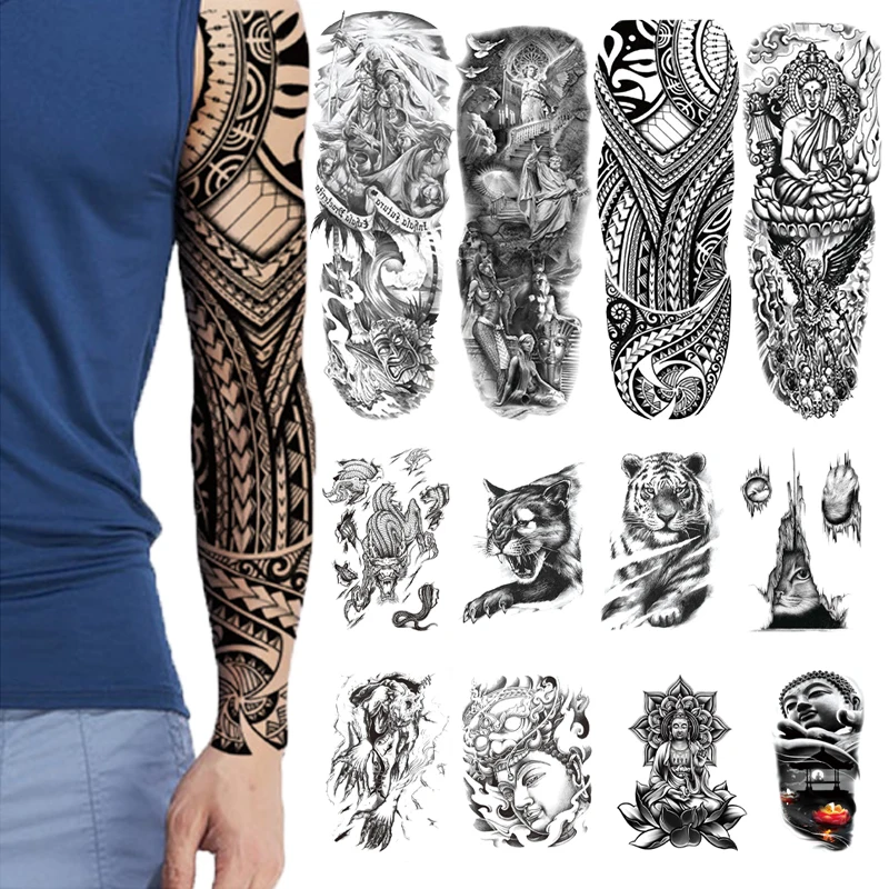 Waterproof Full Arm And Half Arm Tattoo Stickers For Men Women,Fashion Handsome Black White Lion Tiger,Europe America Stickers