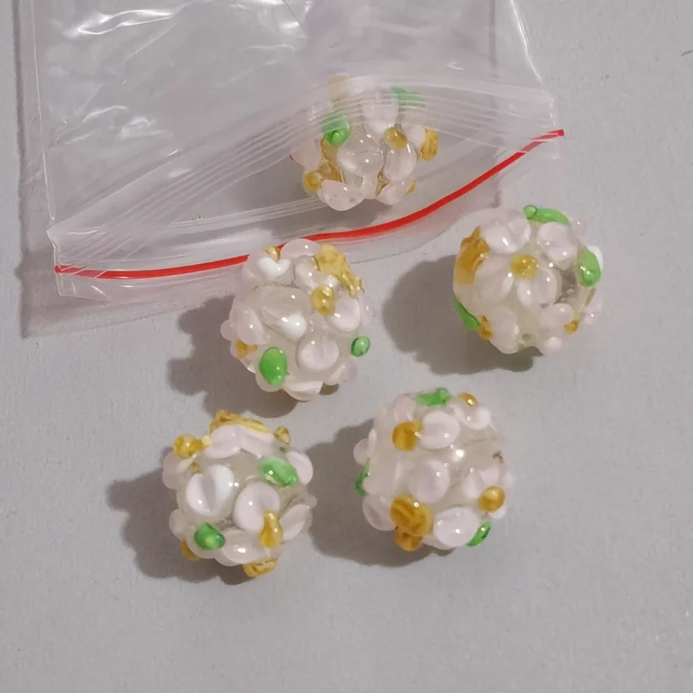 5pcs 12mm Round Charms Flower Petals Handmade Lampwork Glass Loose Beads for Jewelry Making DIY Crafts Findings