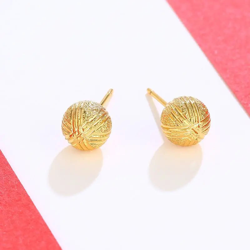 Wholesale price--- 8mm Engraving Ball Stud Earrings For Women Pure Gold Color Fashion Jewelry Nickel free