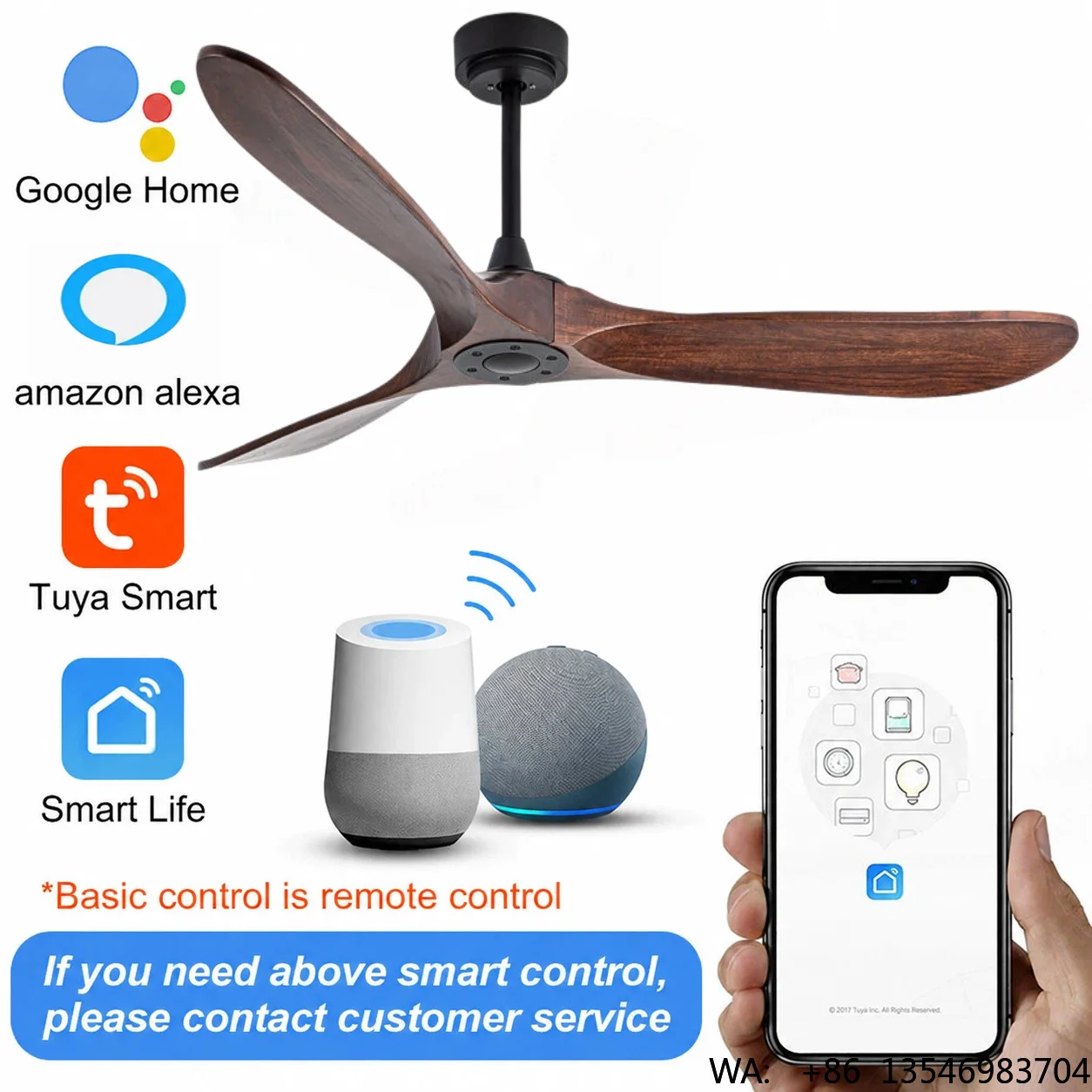 52 Inch Modern Design LED Metal Outdoor Ceiling Fan with Remote Control 3 Blades 6-speed Reversible DC Motor for Living Room
