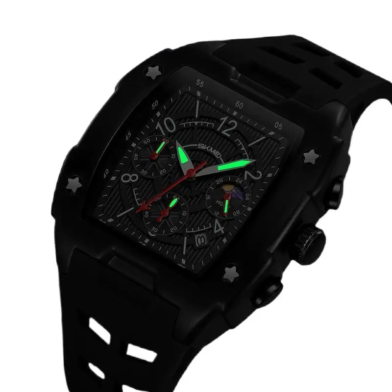 ساعة SkmeiThree Eyes and Six Needles كوارتز سيليكون معصم رجال الأعمال متعددة الوظائف رياضية مقاومة للماء كرونوغراف