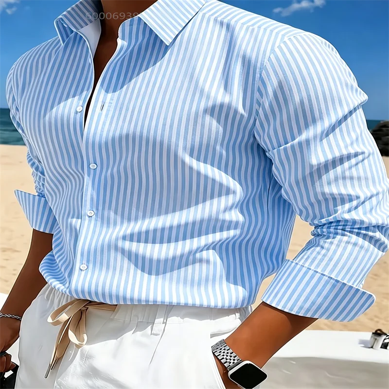 Summer Men's Blue and White Striped Shirt, Long Sleeve, Collared, Button-Down, Casual, Loose-fitting, Vacation Beach Shirt