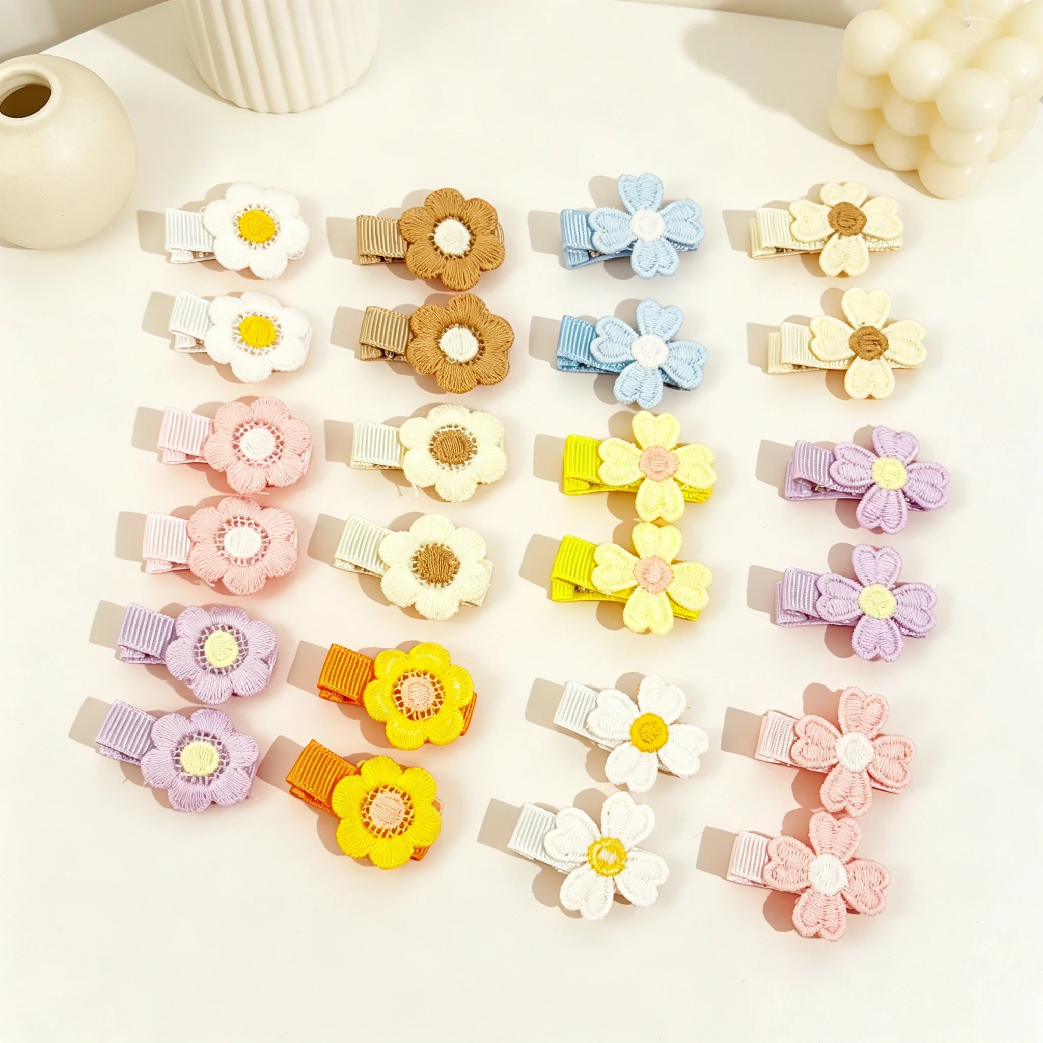 12/24PCS Embroidered Flowers Hair Clips Girls Cute Flower Ribbon Hairpins Children Kids Hairclips Hair Accessories
