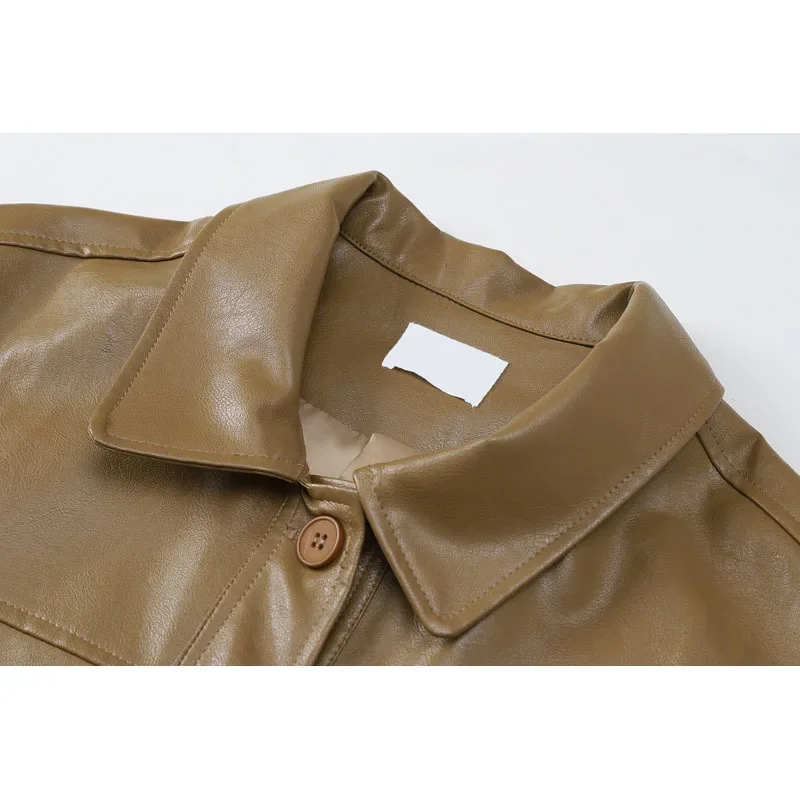 Women Khaki Short Faux Pu Leather Jacket Spring Autumn Loose Single-breasted Long Sleeves Casual Biker Jacket Casual Vintage