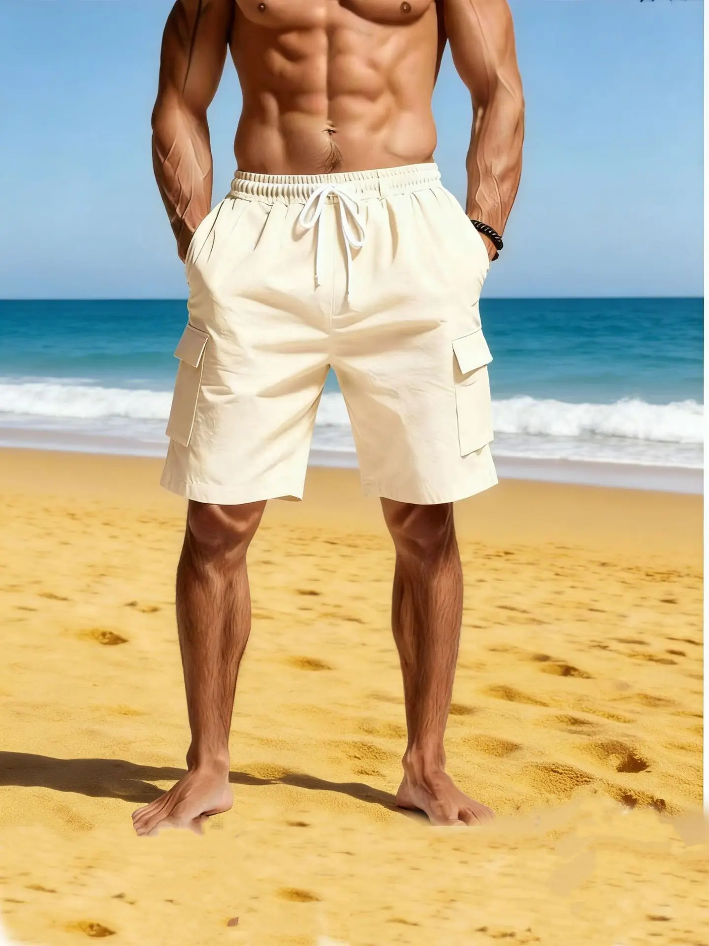 

2025 new summer casual cotton pocket solid-color shorts, men's lace-up fashionable and comfortable beach cargo pants