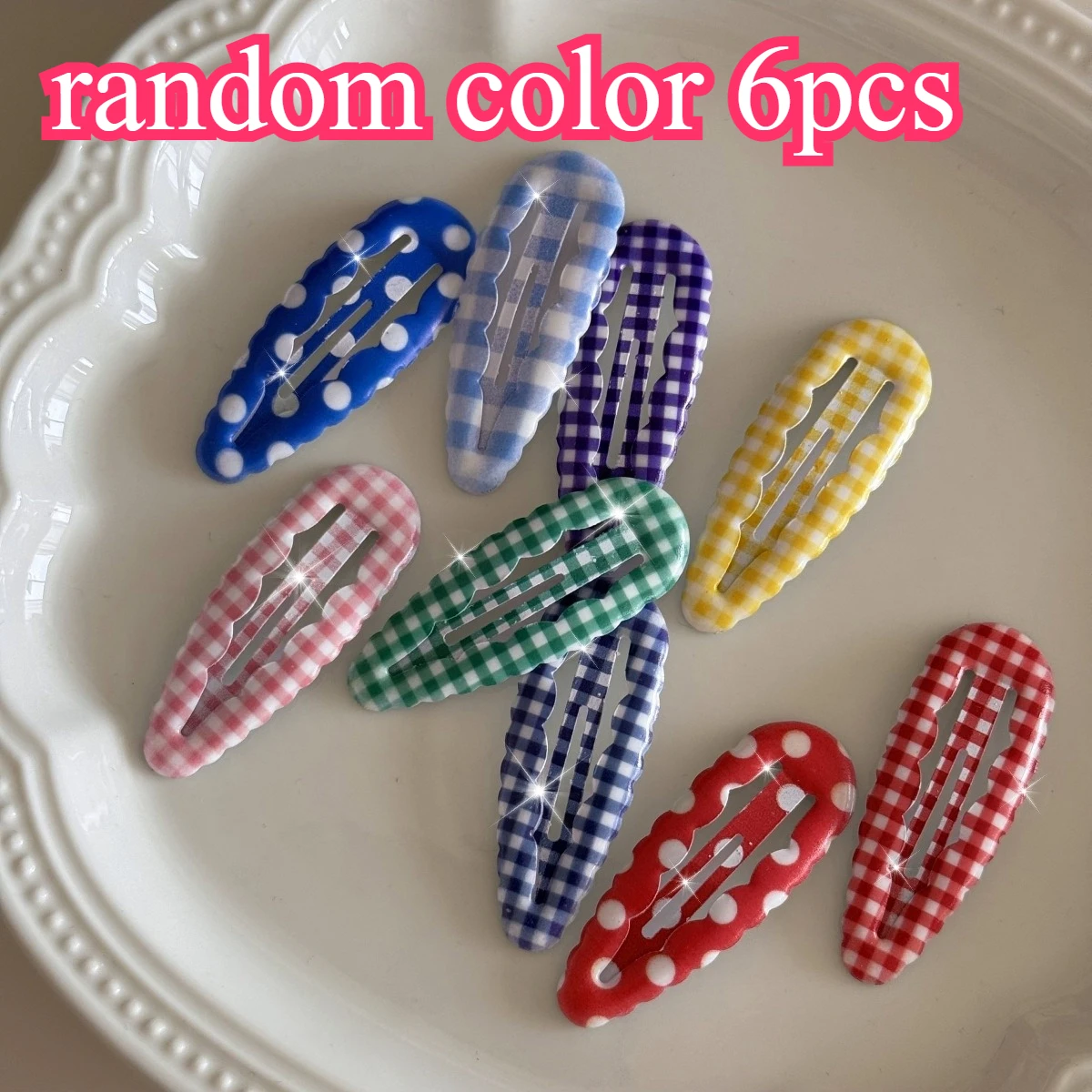 

[6 Wave-Edged Hair Clips] A Set of 6 Random Wave-Edged Checkered Hair Clips, Y2K Polka Dot Hairpins