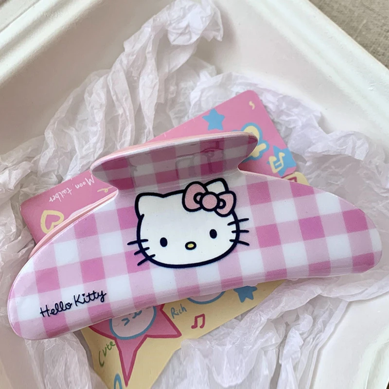 Sanrio HelloKitty 10.7cm Checkered Hair Clip Women Cute Melody Cinnamoroll Hair Claw Girl Kuromi Hairpins Kids Birthday New Gift