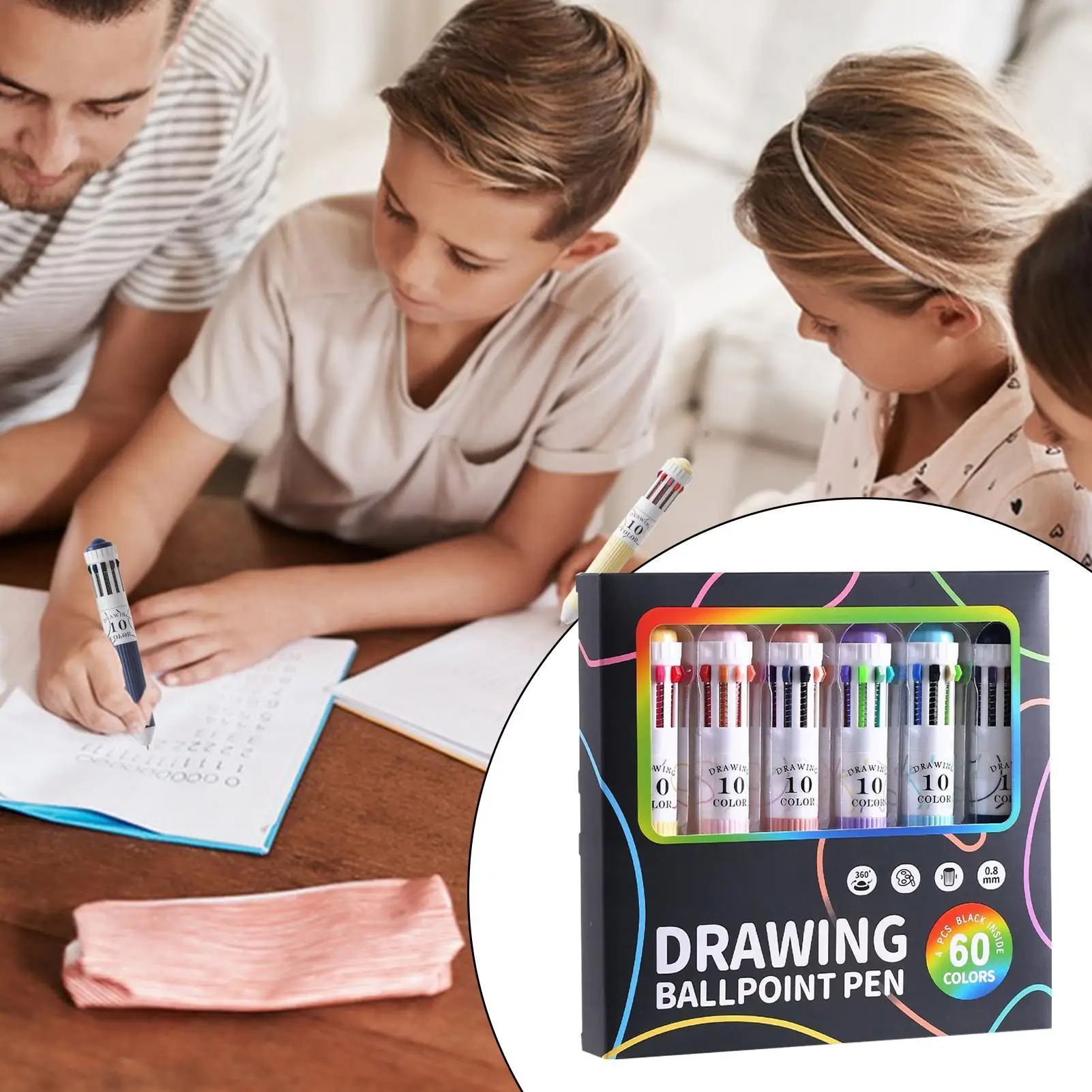 Multicolor Pens 60Colors 10-in-1 Colored Ballpoint Pen 0.88mm Fine Point Smooth Writing Retractable Ballpoint Pens