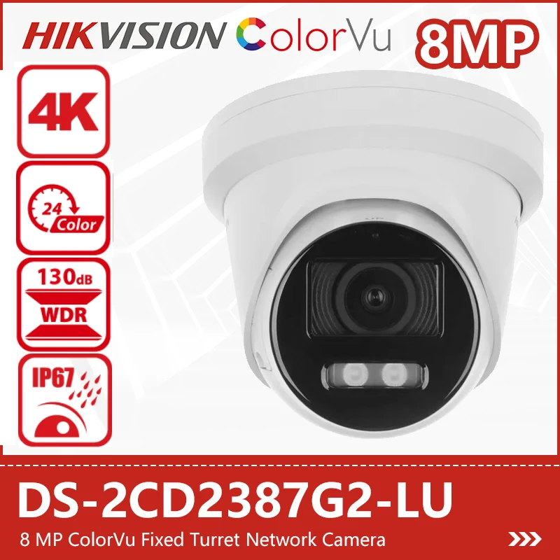 Hikvision 8MP ColorVu Fixed Turret Network Camera 4K Indoor Outdoor PoE Cam Built-in mic IP67 H.265 Face Capture DS-2CD2387G2-LU