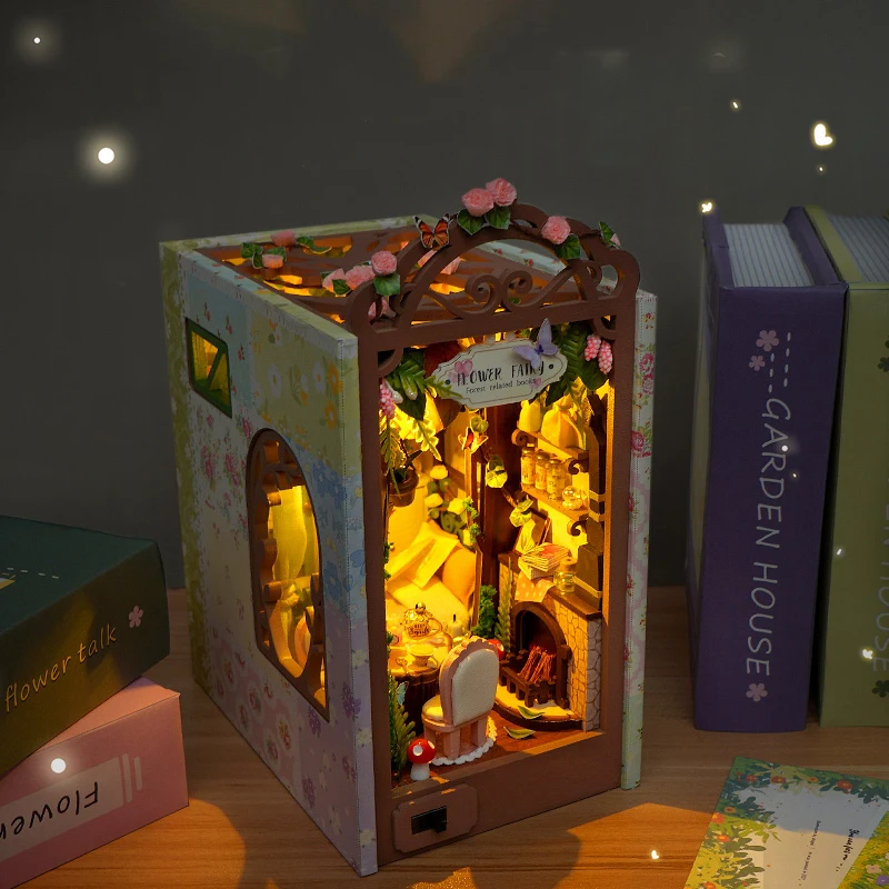 Kit de inserción de estante de rincón de libros de madera DIY, sujetalibros de Hada de las flores, Kits de modelos en miniatura con luz, regalos de cumpleaños para amigos