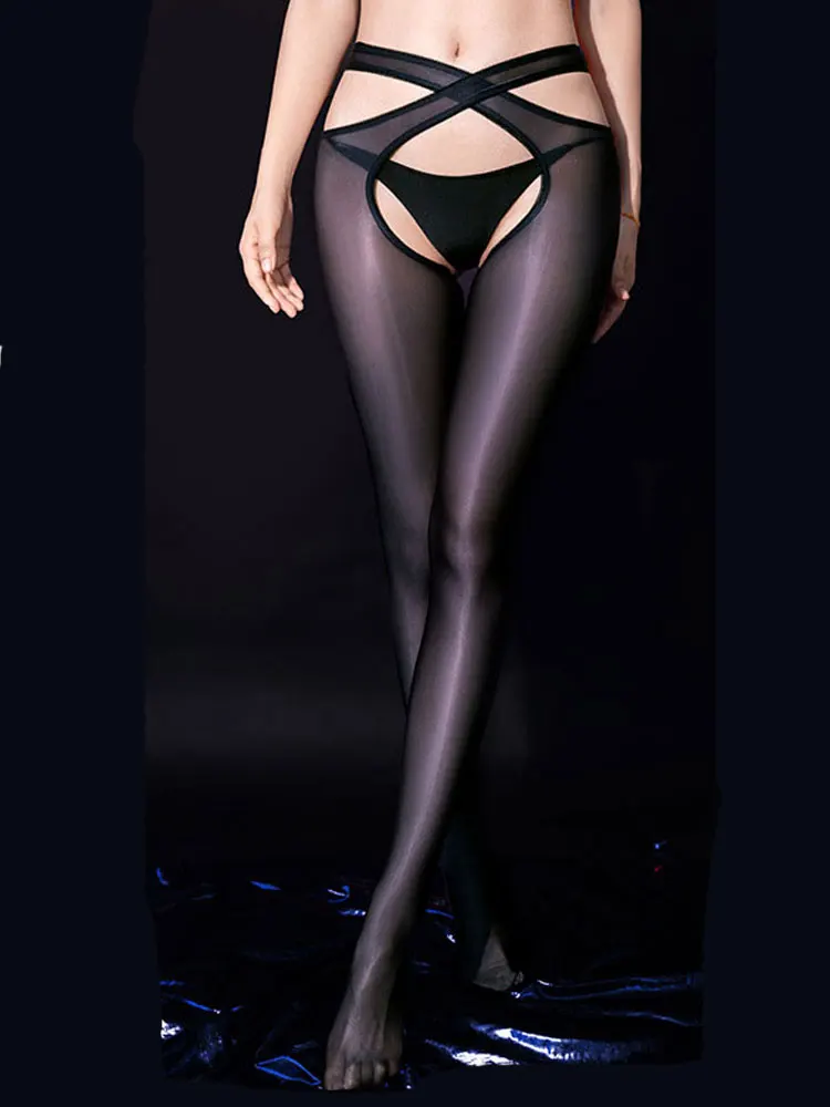 Sexy Glossy Women's Transparent Leggins See Through Open Crotch Ice Leggings Hollow Out High Waisted Thin Ladies Pants Tights