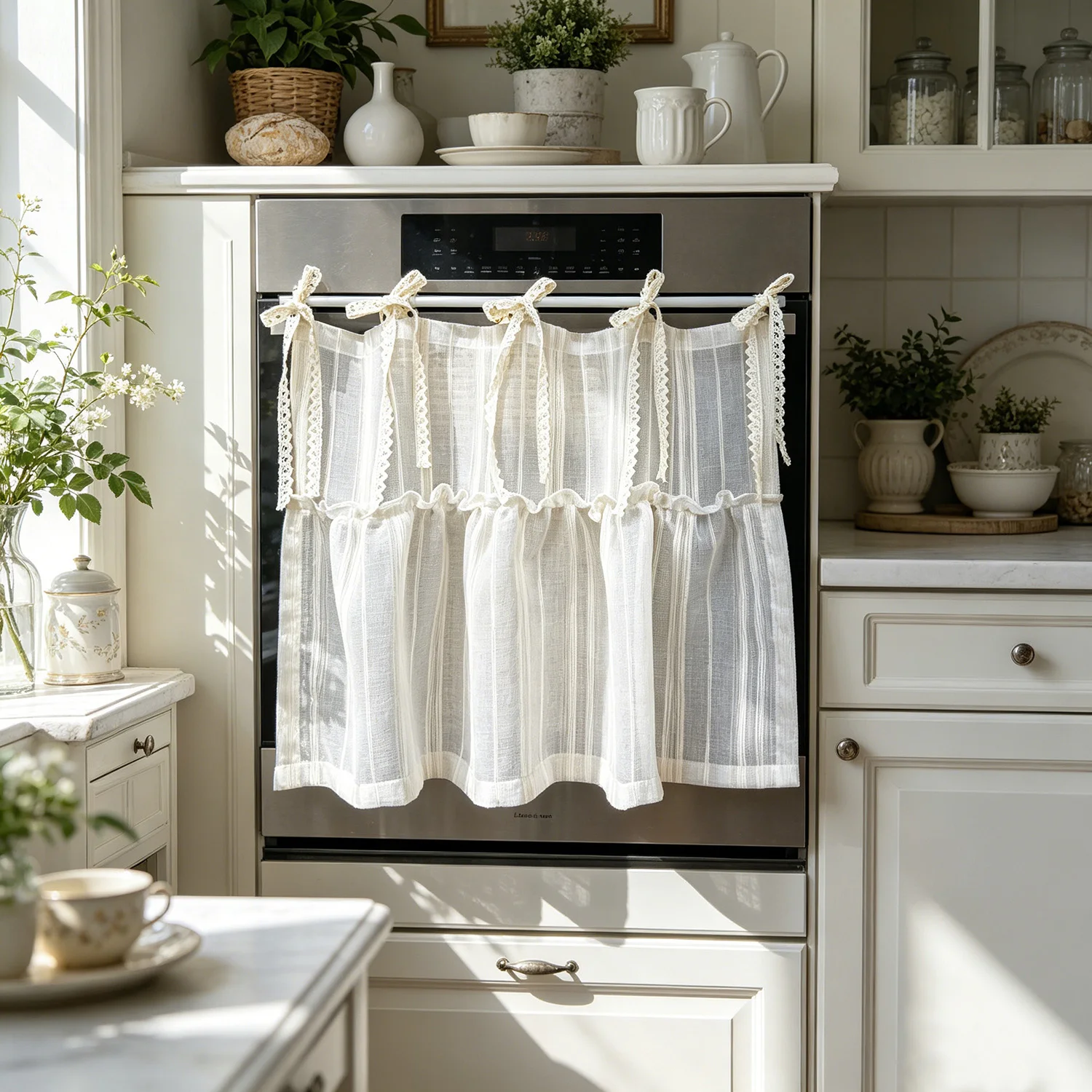 Beige Vertical Striped Half Curtain Lace Tie-on Cafe Curtain Dustproof Curtain for Kitchen Sink Open Storage Cabinet Decoration