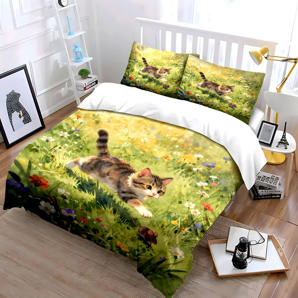 Cat chasing mouse in meadow Pattern Duvet Cover Set Digital Print Colorful Polyester Bedding with Zipper Closur for kids gifts