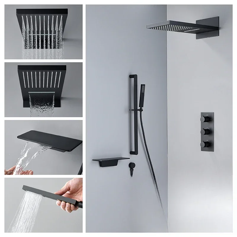 

Constant temperature intelligent black concealed shower lift rod embedded in wall four-function waterfall bath shower