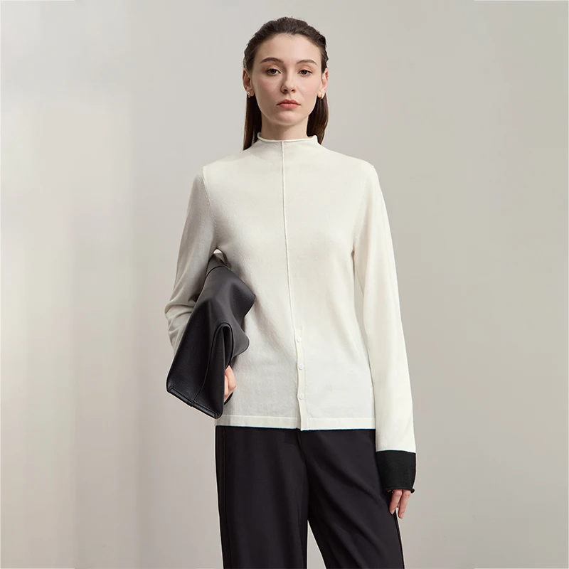 AMII femmes pull 2025 automne nouveau solide polyvalent femme haut tricoté col mi-haut manches longues pulls femme 12523075